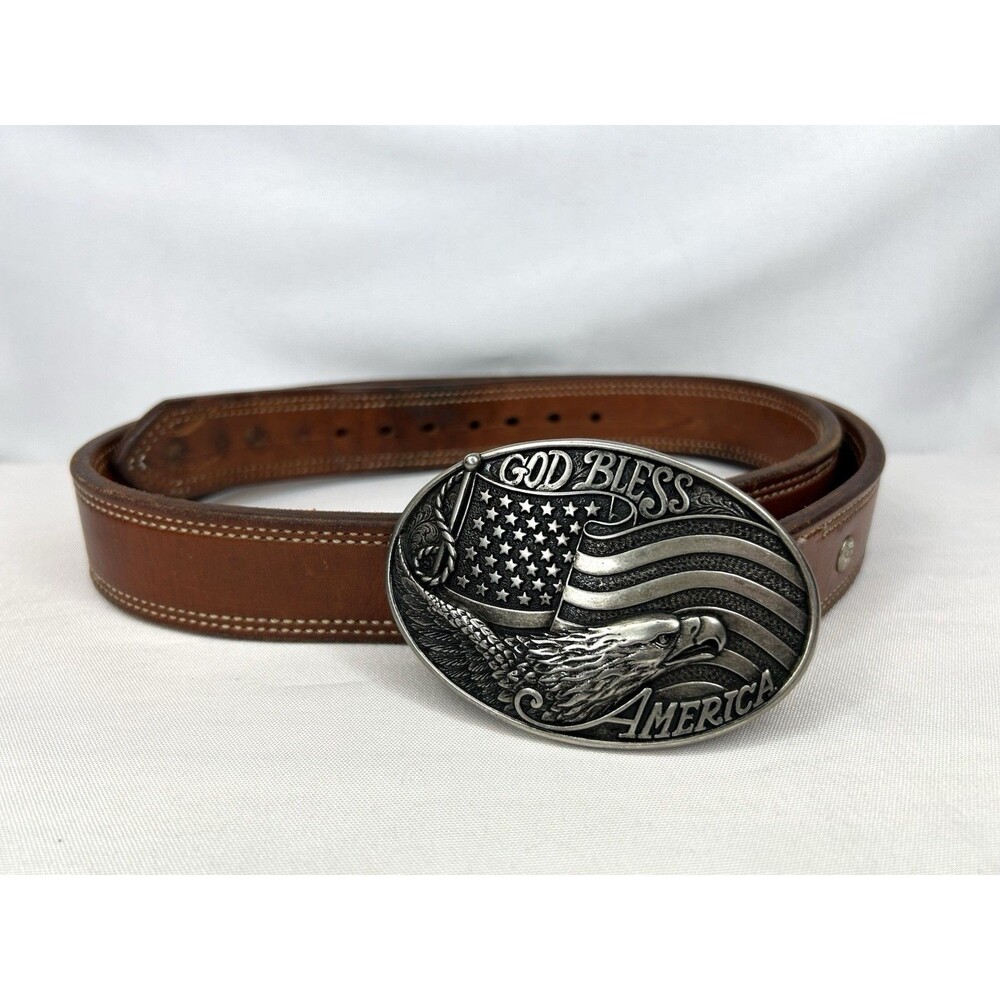 Nocona Belt Buckle God Bless America Eagle Flag With Thick Leather Belt Size 40